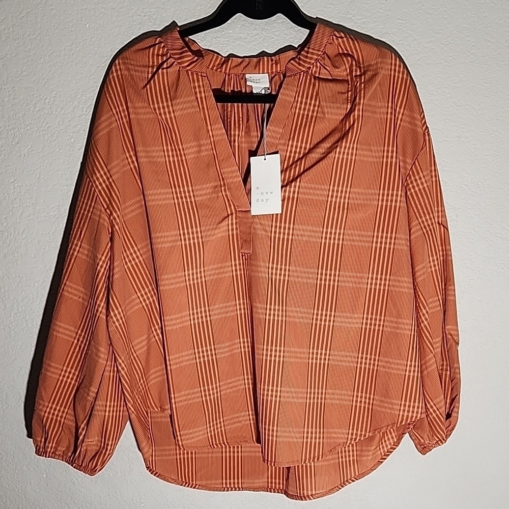 A New Day Blouse Womens Size XXL Rust Long Sleeves Balloon NEW
